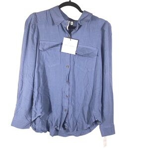 Grace & Karma Button Down Blouse  Puff Sleeve Sz Large Blue